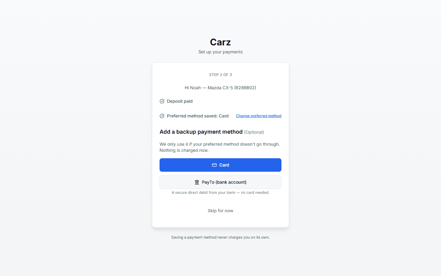 Client page to pay the deposit, save a preferred method and optionally add a backup