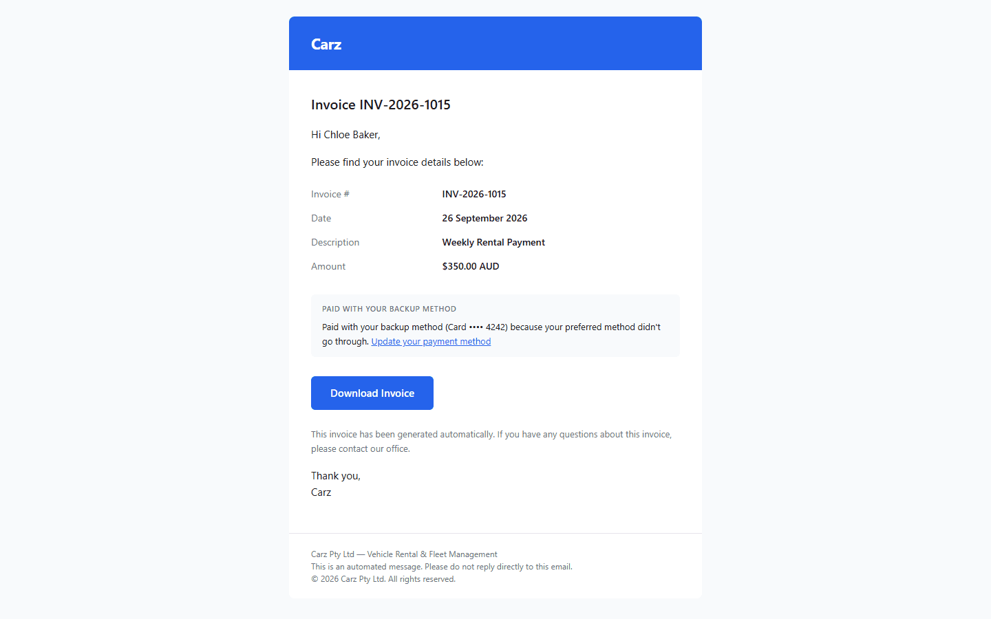 Invoice email saying the payment was made with the backup method