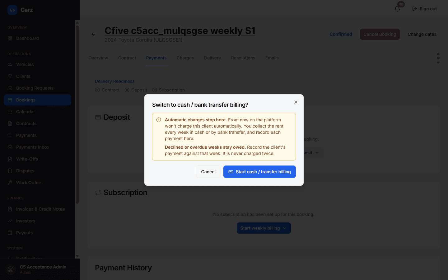 Dialog warning that automatic charges stop and owed weeks stay owed