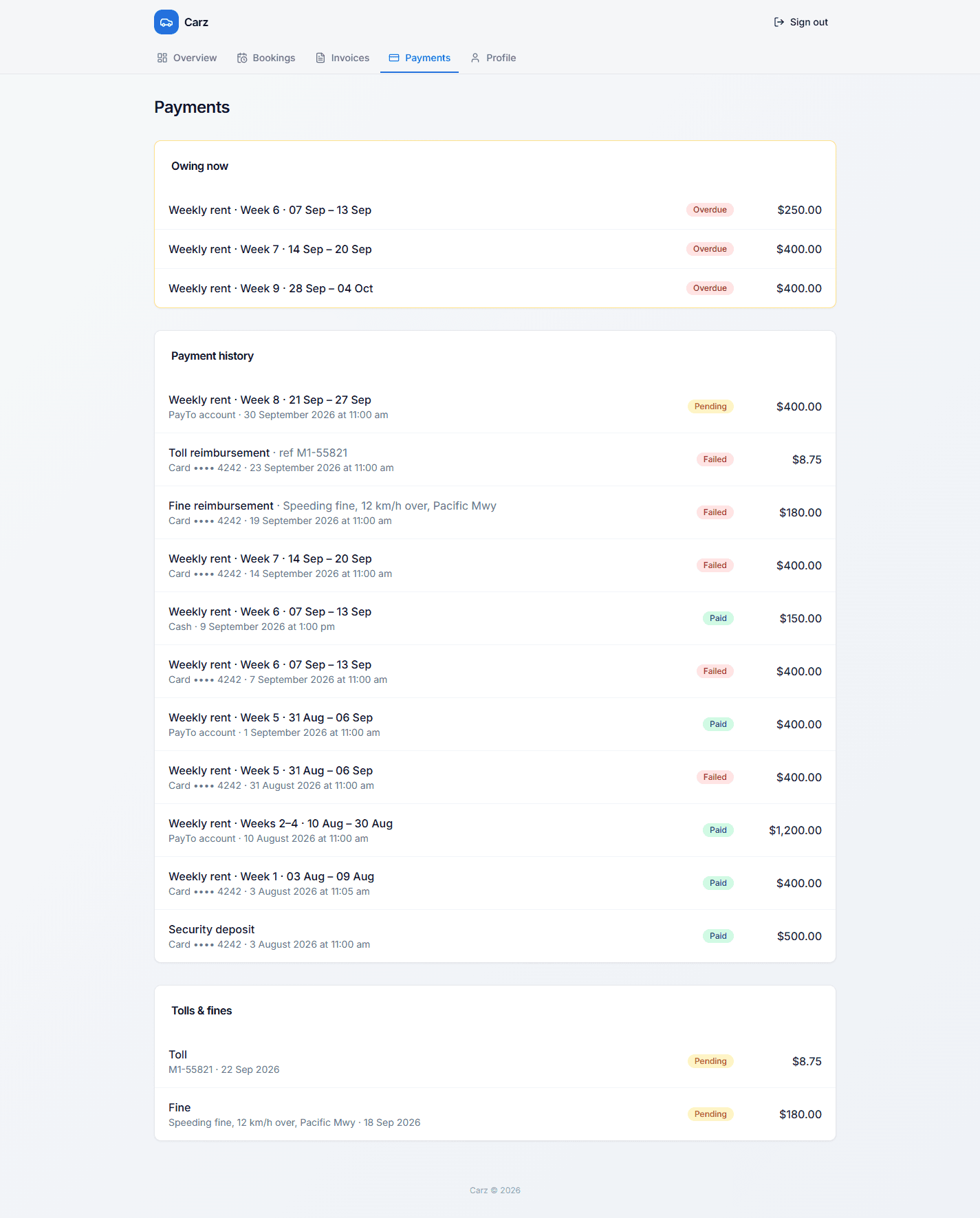 Client portal Payments page with Owing now by week