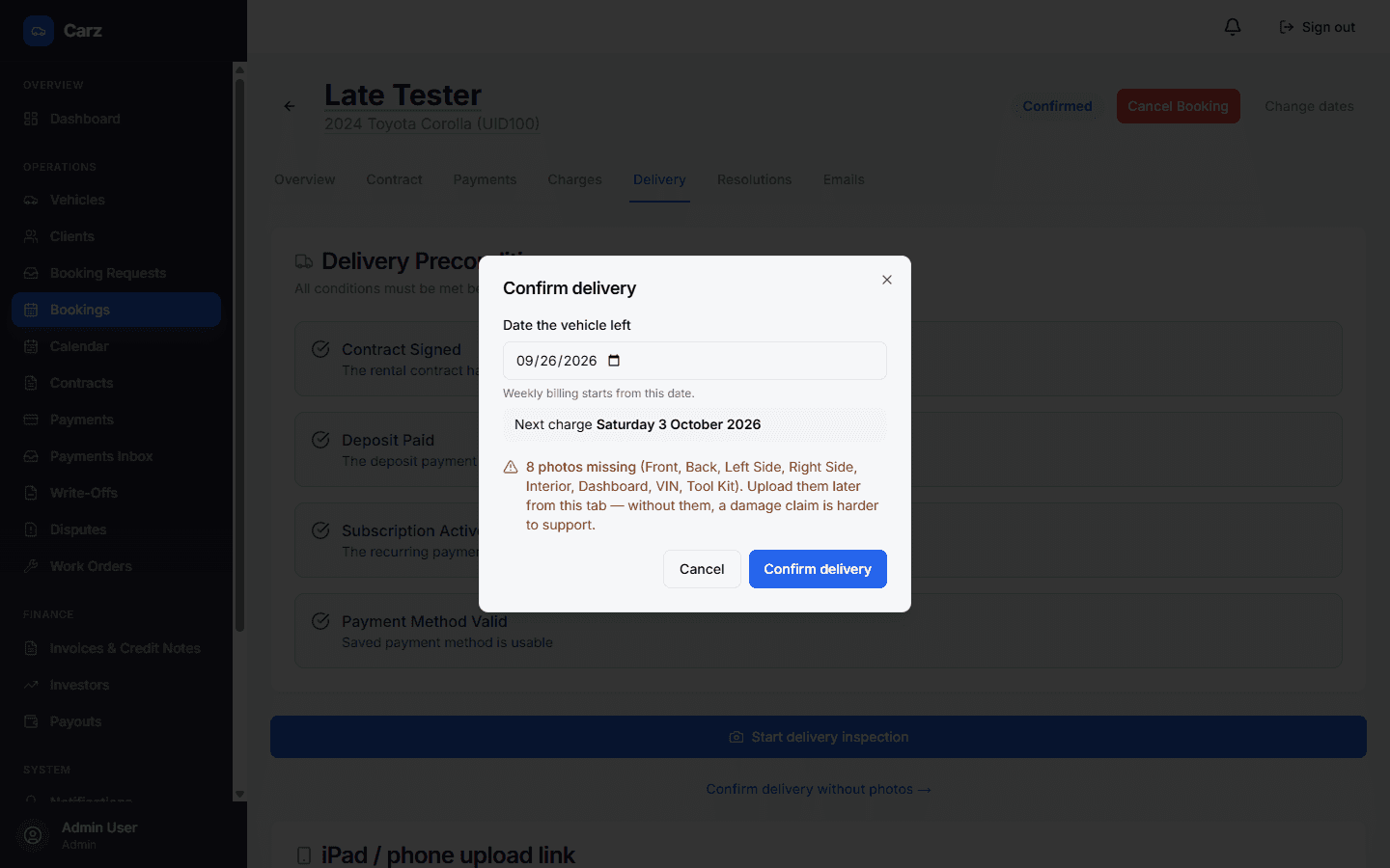Confirm delivery dialog with departure date, next charge date and missing photos warning